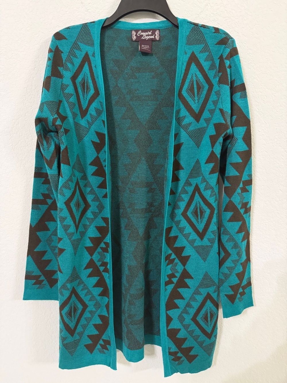 Cowgirl Legend Cozy Teal & Brown Geometric Open Cardigan